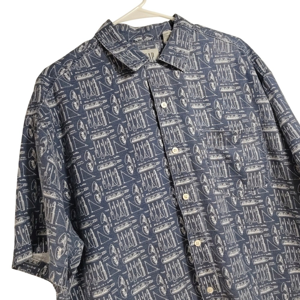 GAP Mens L Blue Print Short Sleeve Button Down Shirt Linen Cotton Blend‎